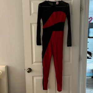 DANCE COSTUME- red and black with mesh one piece, small adult